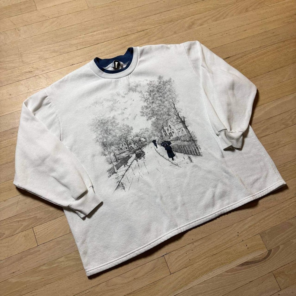 Vintage Casual Elements Graphic Sweatshirt Cream Village Scene Made in Canada XL